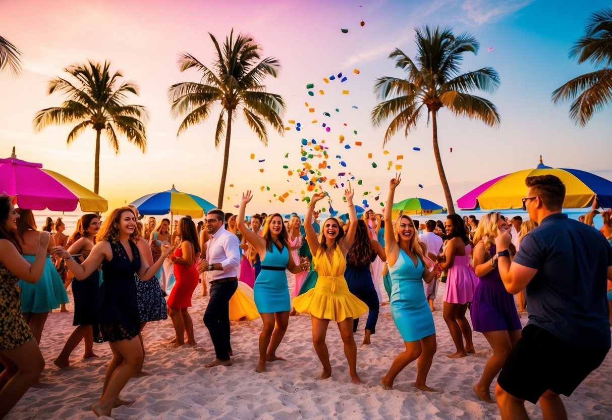 Una vivace festa in spiaggia al tramonto, con palme, ombrelloni colorati e persone che ballano e festeggiano il Capodanno