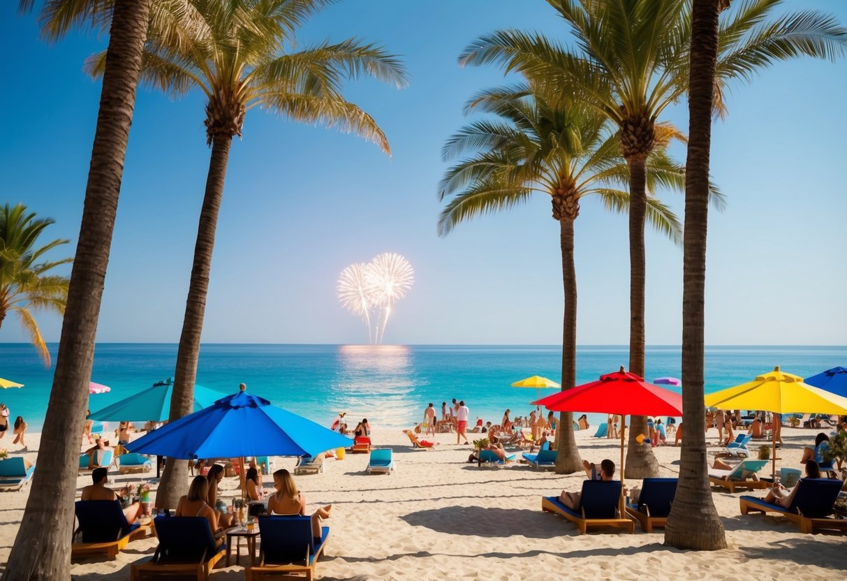 Una spiaggia soleggiata con palme, acqua blu chiaro e ombrelloni colorati. Un'atmosfera festosa con persone che gustano cocktail e fuochi d'artificio in lontananza.