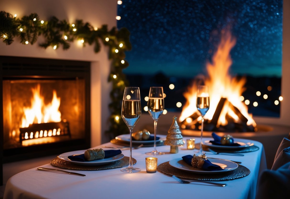 Una scena accogliente di Capodanno con un camino scoppiettante, luci a stringa che brillano e un tavolo apparecchiato per un pasto festivo, il tutto sullo sfondo di un cielo notturno stellato.