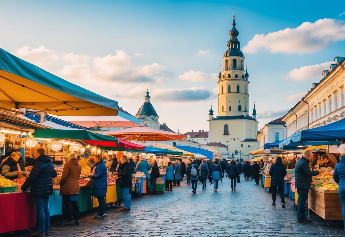 Vilniuje yra judri gatvės turgus, su spalvingomis prekystaliais ir žmonėmis, kurie naršo. Tolumoje ikoninė Gedimino pilies bokštas stovi aukštai priešais miesto panoramą.