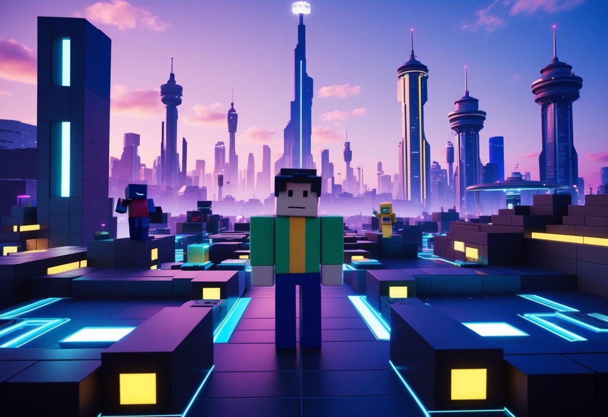 A futuristic cityscape with neon lights and towering skyscrapers, showcasing a virtual gaming world set in the year 2024