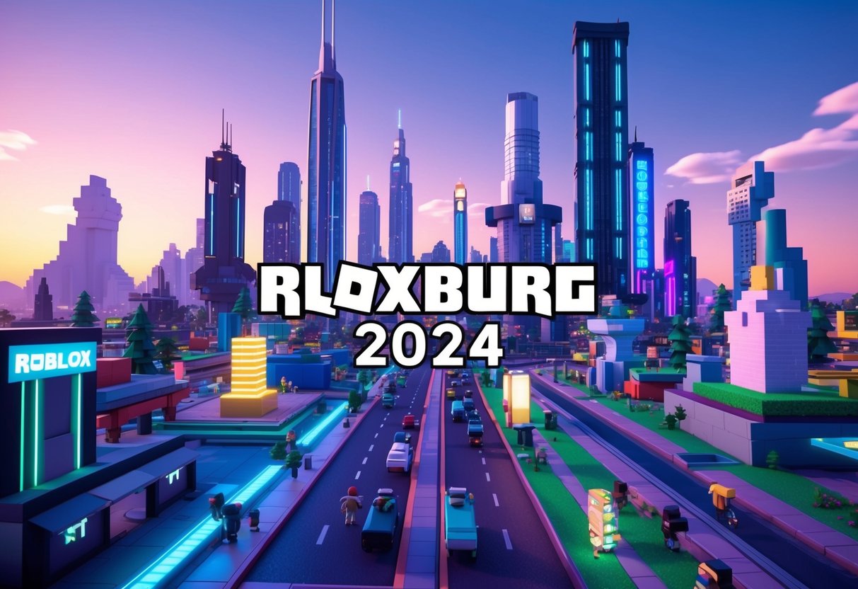 A futuristic cityscape with towering skyscrapers, neon lights, and bustling streets, showcasing the virtual world of Bloxburg in 2024