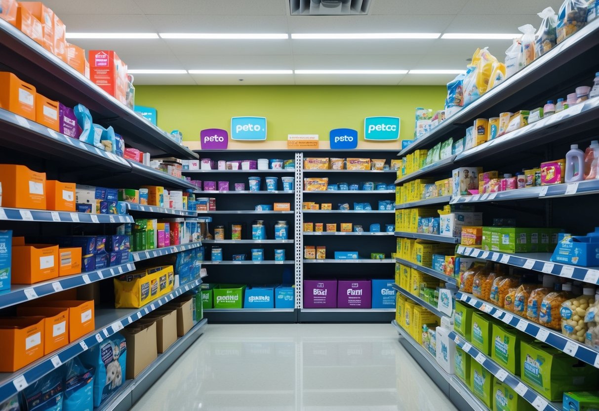 Shelves of pet supplies at PetSmart and PetCo with price tags