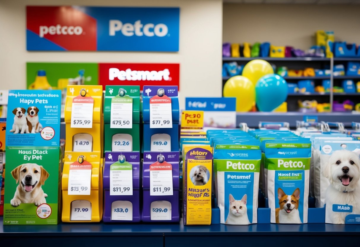 A colorful display of pet supplies with price tags, logos of Petco and PetSmart, and images of happy pets