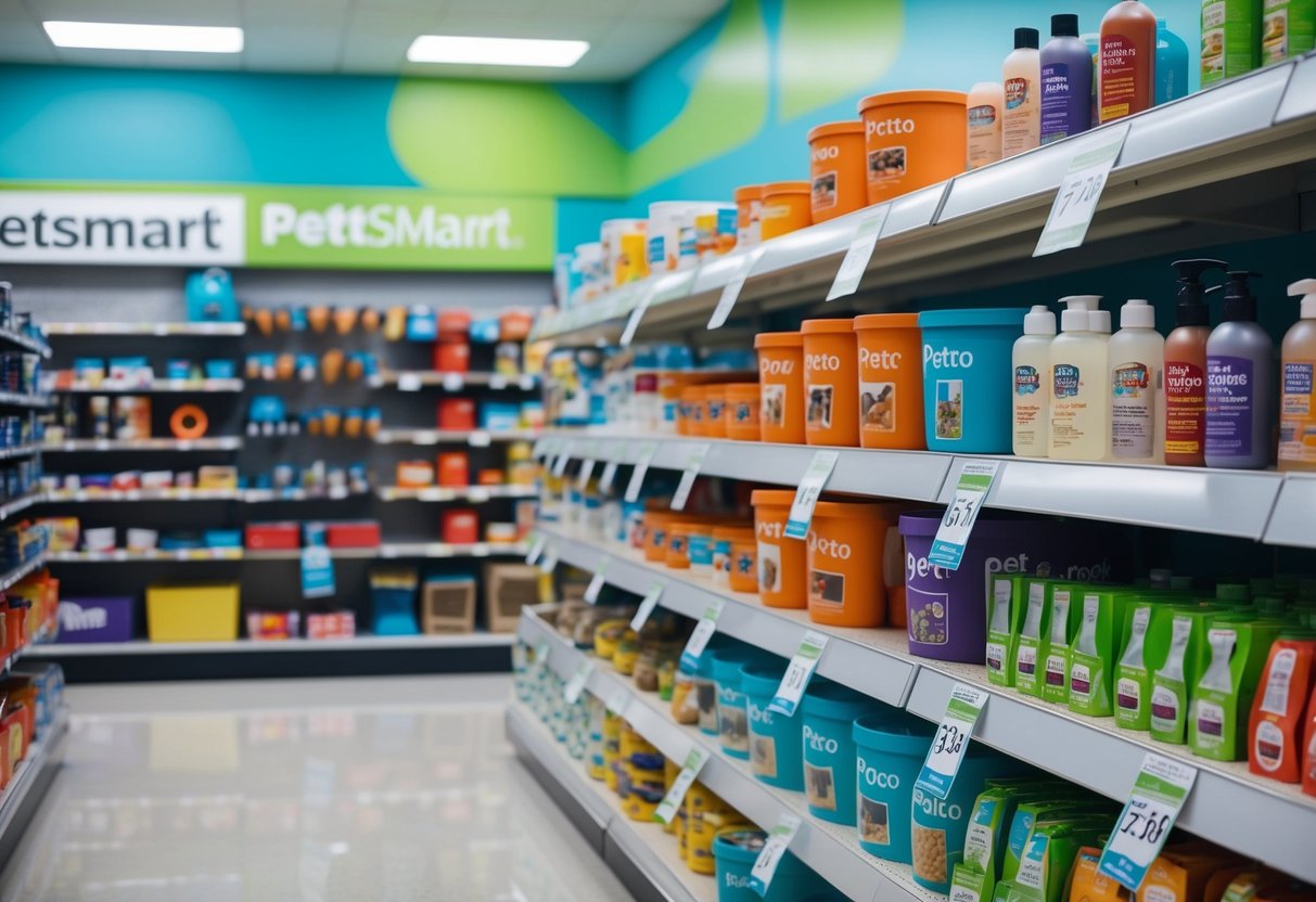 Shelves stocked with pet products at PetSmart and PetCo, with price tags visible