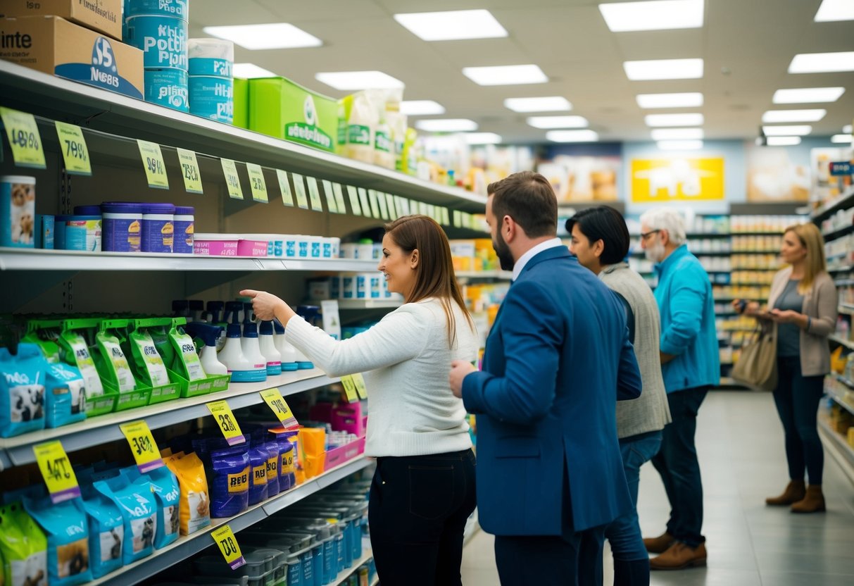 A busy pet supply store with shelves stocked with various products, price tags displayed prominently, and customers comparing prices