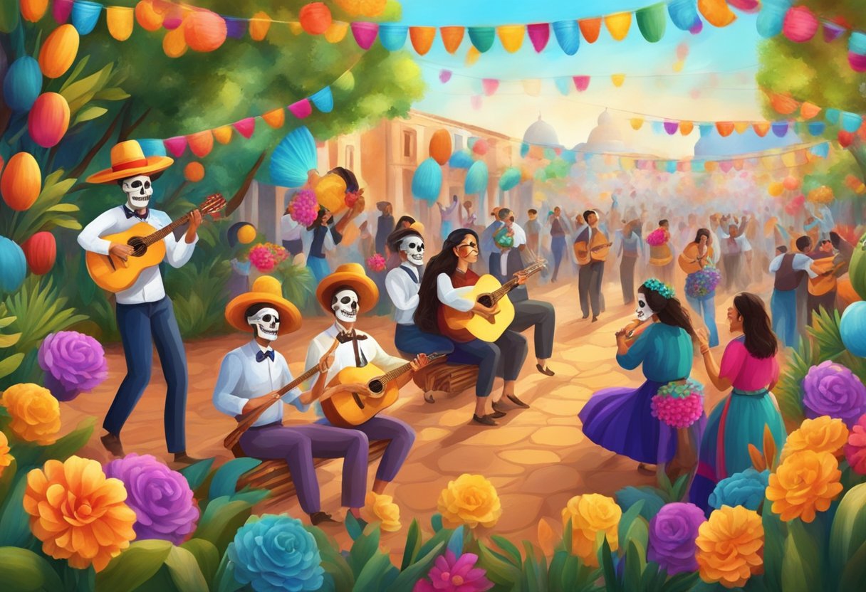 A vibrant scene with colorful decorations, traditional music, and joyful celebration for Dia de los Muertos, Cinco de Mayo, Independence Day, Christmas, and Easter in Mexico