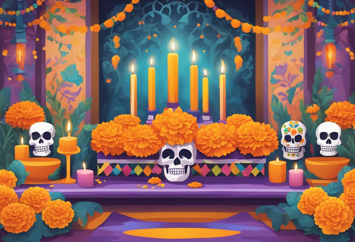 A colorful altar with marigolds, candles, and sugar skulls. Figures of skeletons and papel picado decorate the scene