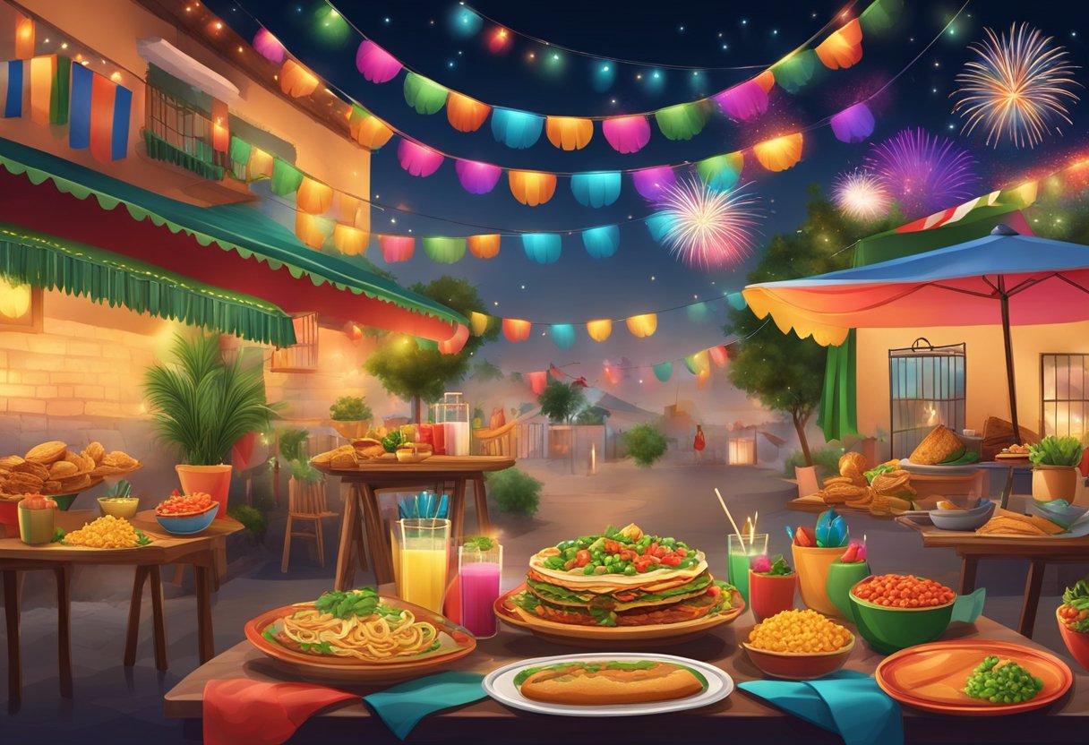 A festive scene with colorful decorations, fireworks, and traditional Mexican food, symbolizing the celebration of Independence Day