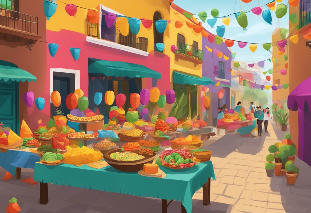 A festive Mexican street scene with colorful decorations, piñatas, and traditional holiday foods