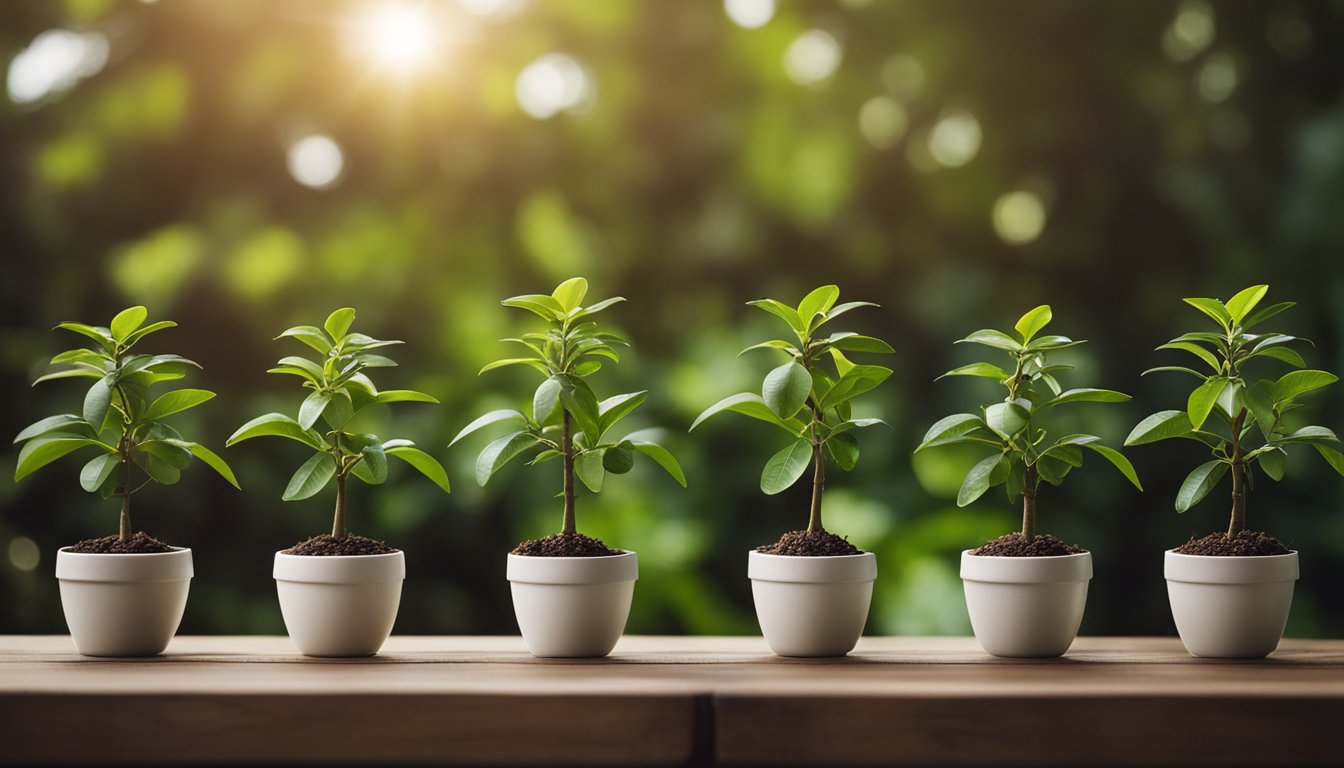 Several young avocado trees with budding fruit in neat pots on a wooden desk