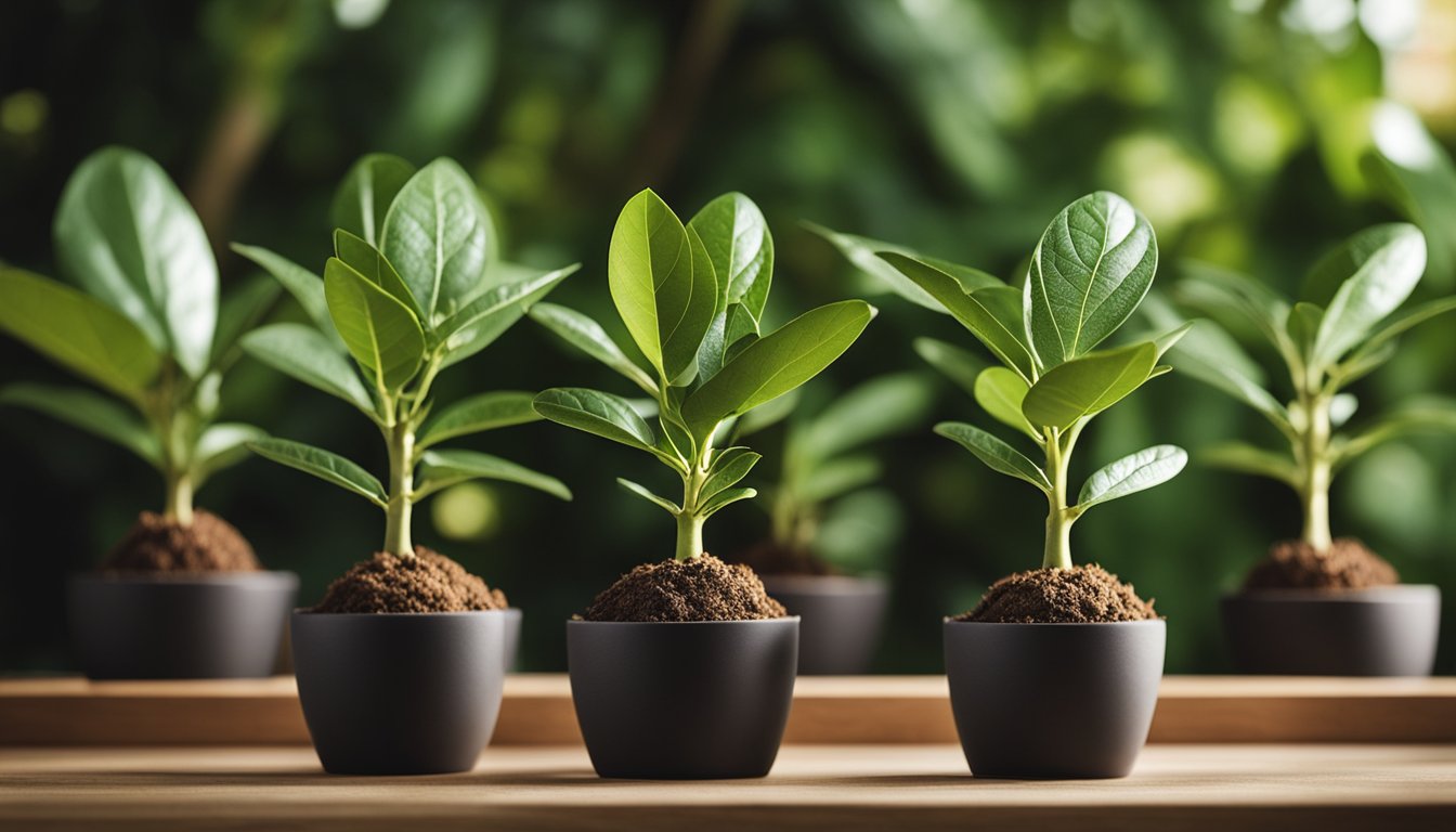 Several young avocado trees in pots on a wooden desk, with lush leaves and budding avocados