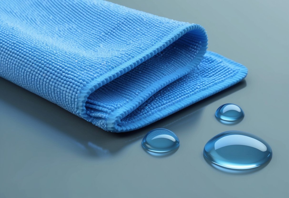 A close-up of a microfiber cloth absorbing water droplets on a smooth surface