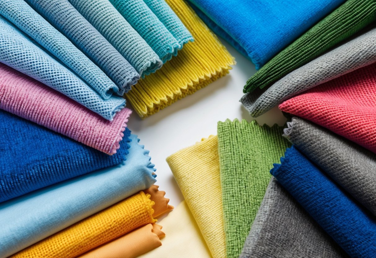A close-up of various microfiber materials, including cloths and fabrics, arranged in a composition to showcase their different textures and colors