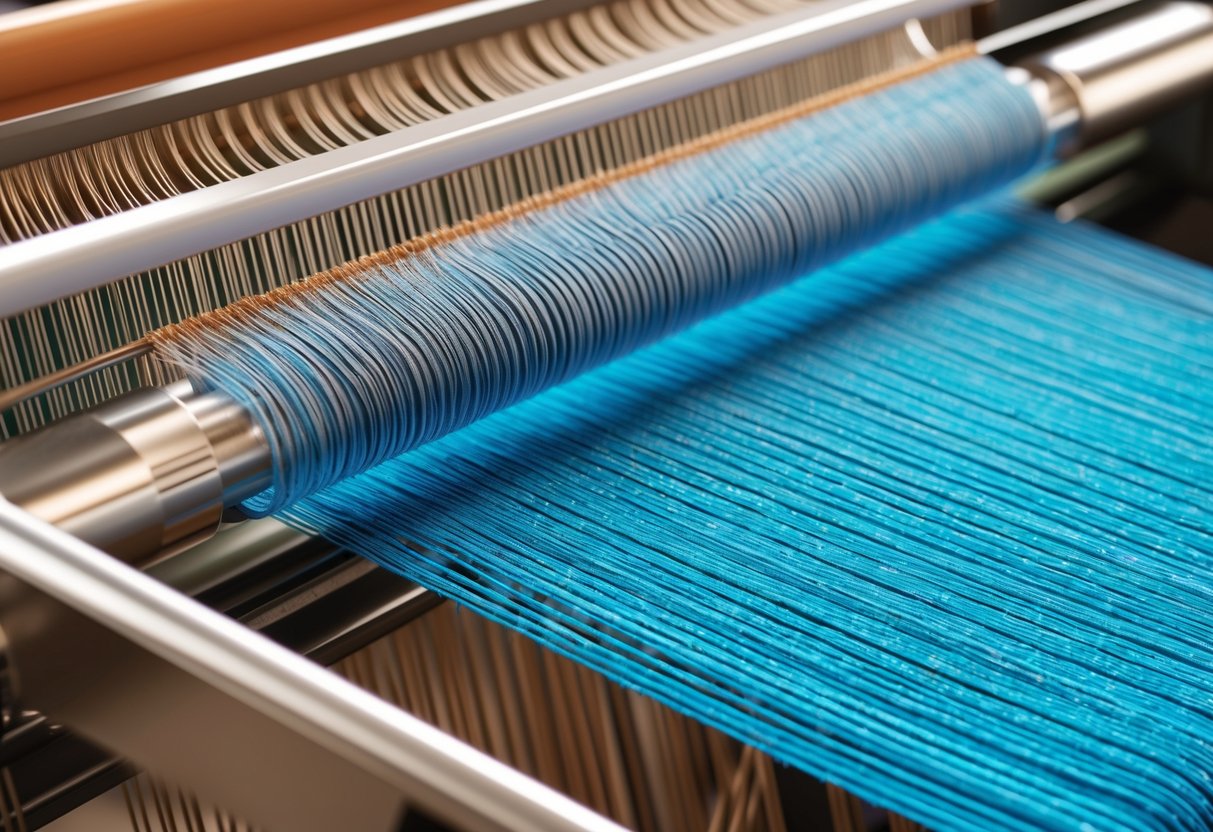 A close-up of microfiber fabric being woven on a loom, with intricate patterns and smooth texture