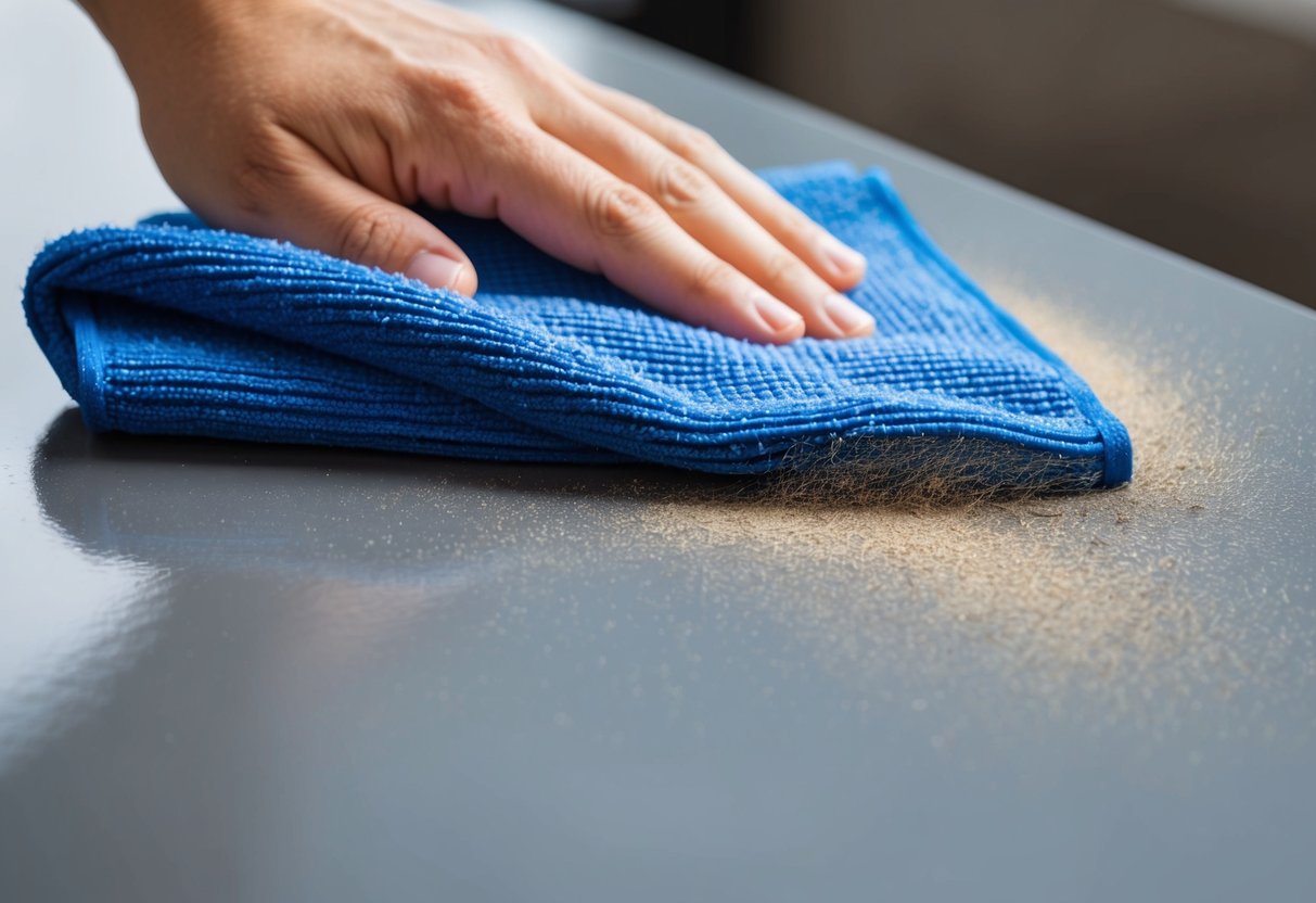 A close-up of a microfiber cloth wiping down a surface, with tiny fibers visible capturing dust and dirt