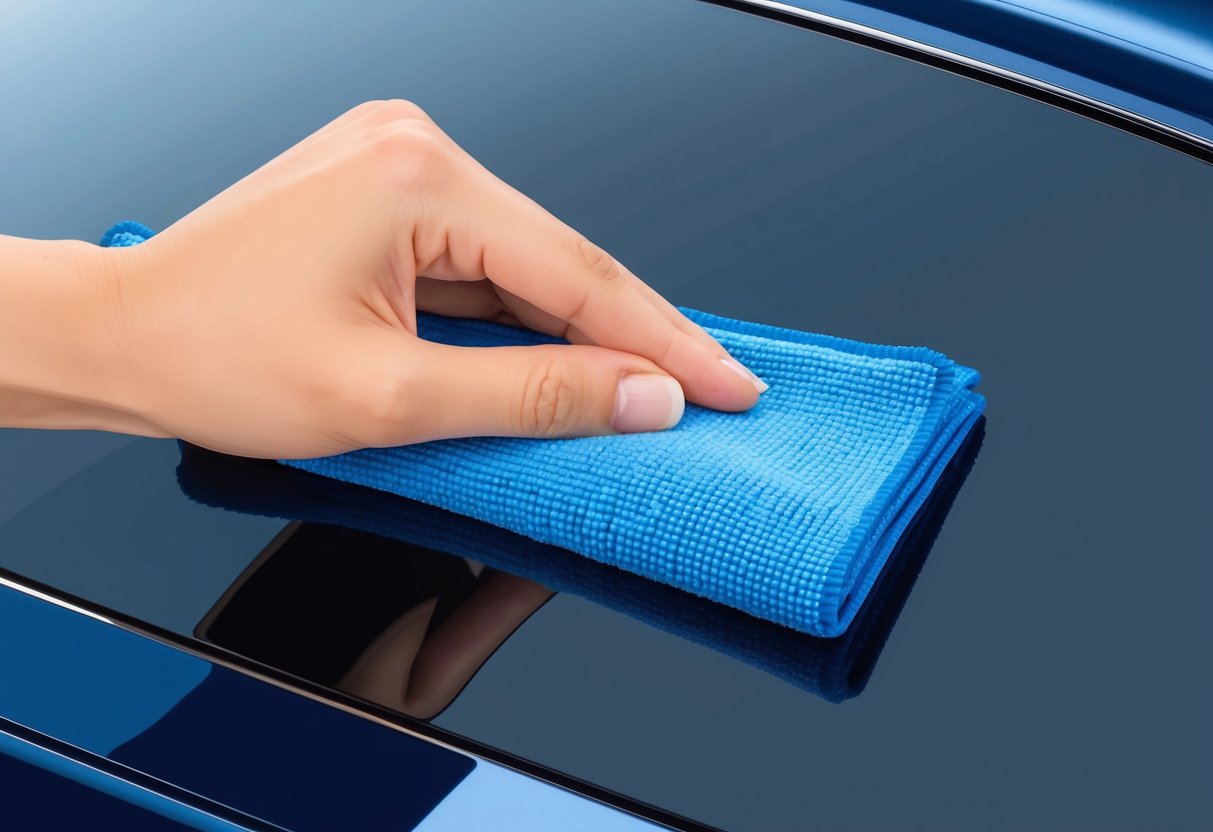 A hand gently wiping a sleek, soft microfiber cloth across a shiny surface, removing dust and leaving a clean, polished finish