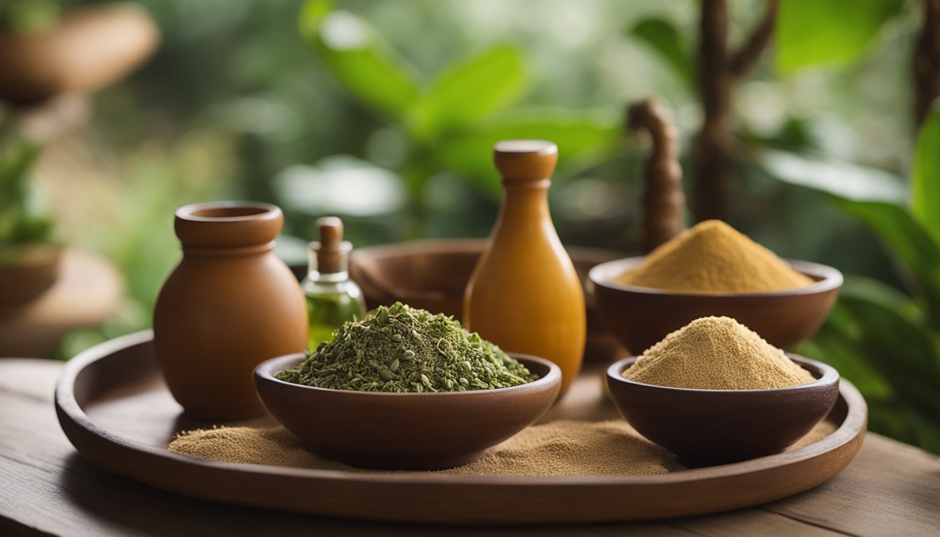 A rustic table displays Jamu ingredients in small baskets and clay bowls, with a pestle and mortar nearby. A lush, tropical garden provides a backdrop of natural wellness and tradition