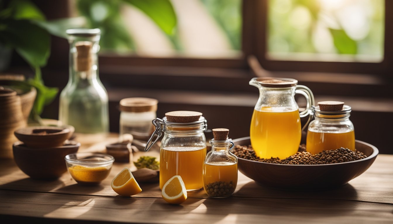 A cozy kitchen with Jamu ingredients on a wooden table, a pot of boiling water, and glass bottles ready to be filled with the prepared Jamu