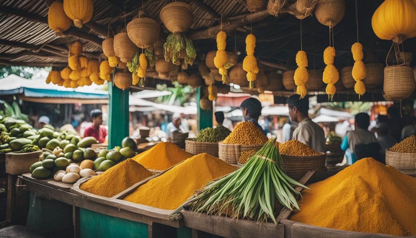 A lively Indonesian market stall displays Jamu, turmeric, ginger, and lemongrass amid traditional decor. Nearby, bustling stalls and tropical plants complete the vibrant scene