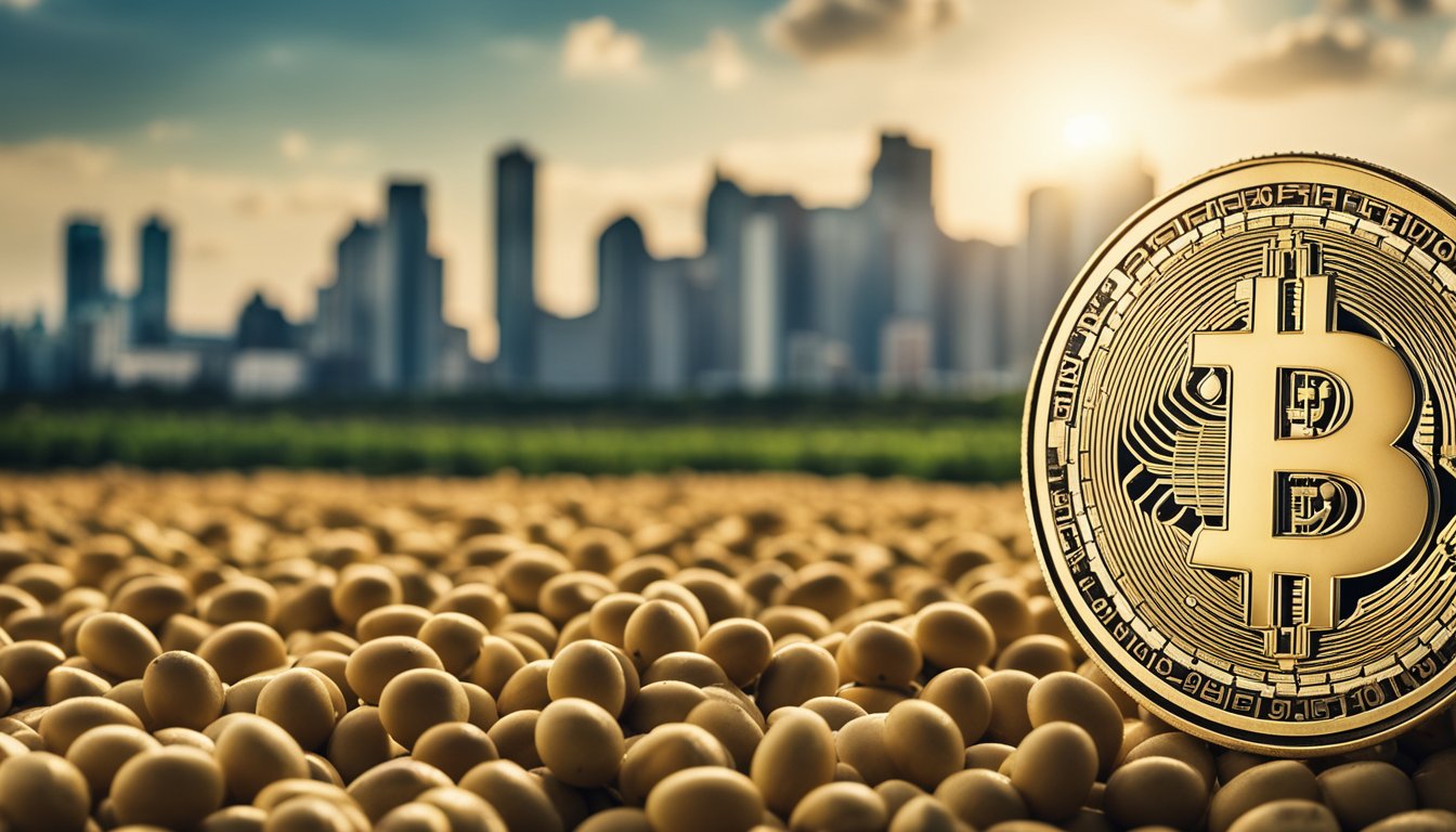 Campos de soja no Brasil com pre&ccedil;os em queda, horizonte de Chicago e s&iacute;mbolo do d&oacute;lar ao fundo