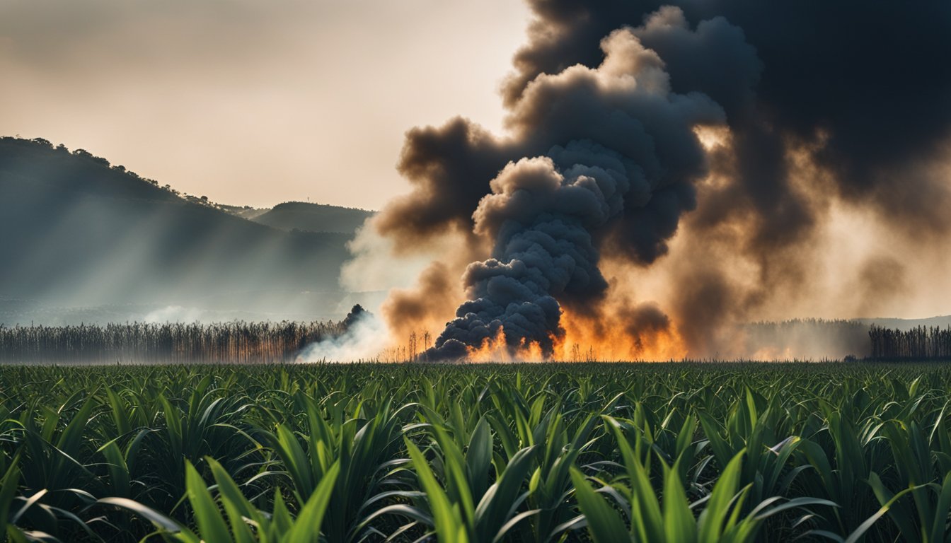 Um vasto campo de cana-de-a&ccedil;&uacute;car em S&atilde;o Paulo, Brasil, envolto em chamas, com fuma&ccedil;a espessa e vegeta&ccedil;&atilde;o carbonizada, causando danos estimados em 1,2 bilh&atilde;o de d&oacute;lares.