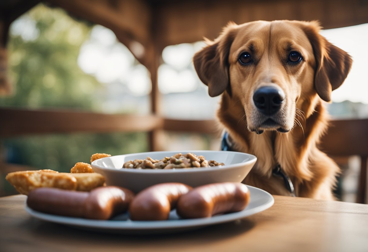 A dog eagerly awaits a sausage, while a bowl of dog-friendly alternatives sits nearby