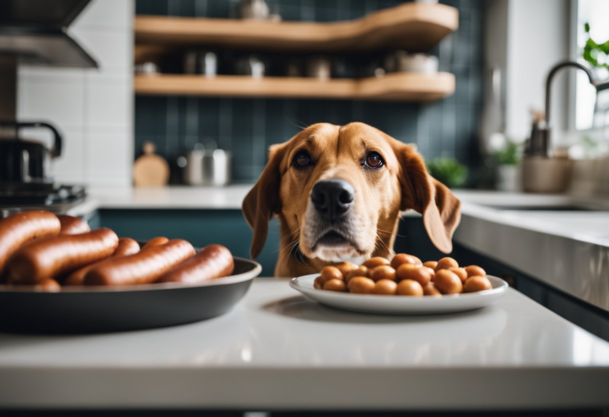 A dog eagerly sniffs a plate of sausages on a kitchen counter