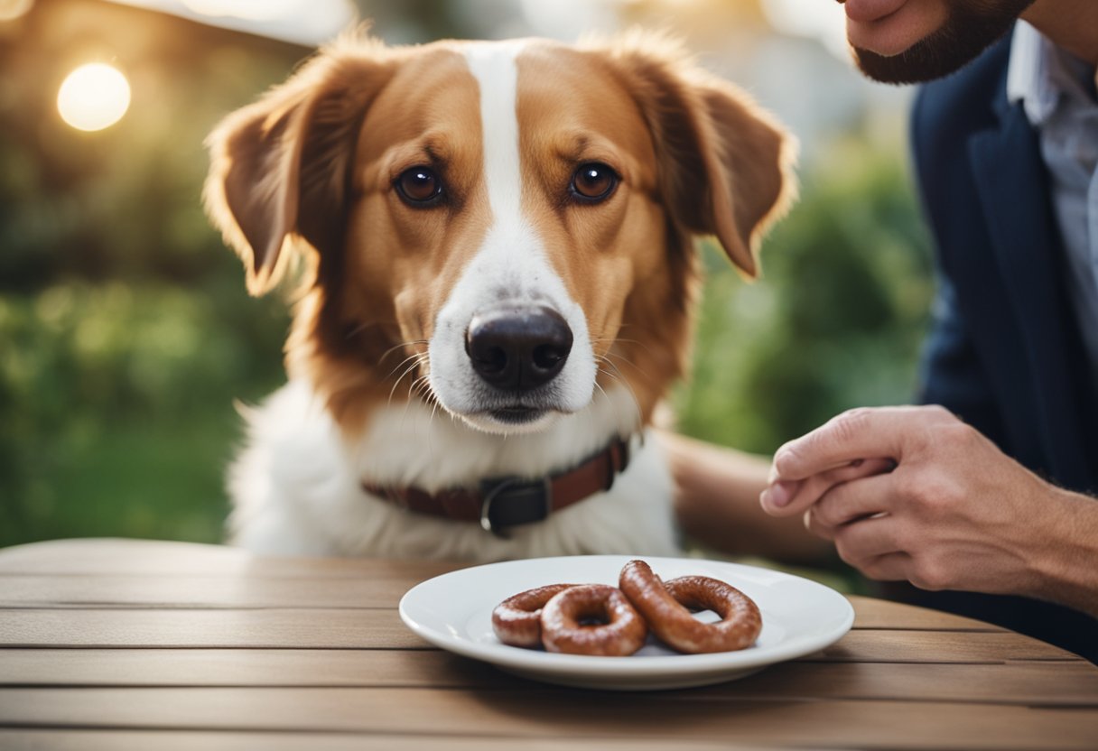 A happy dog eagerly sniffs a plate of sausages while its owner looks on with a concerned expression