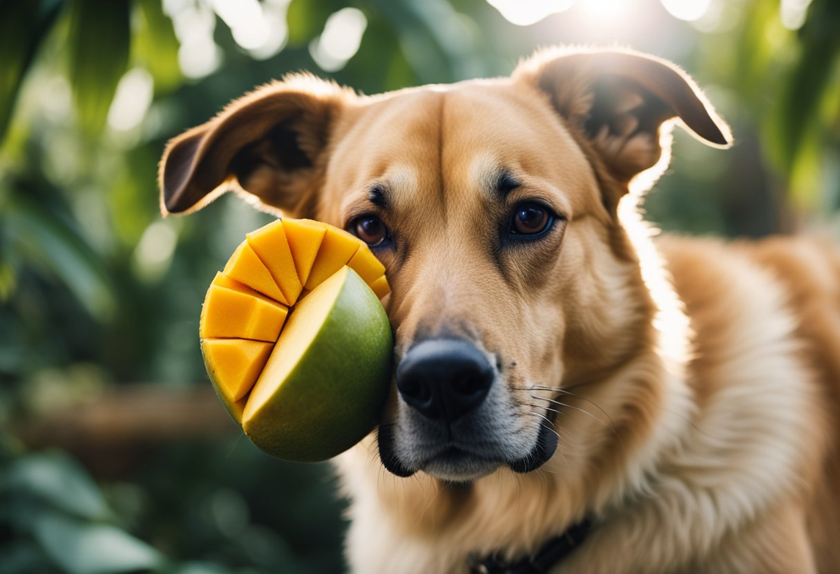 A dog eagerly eating a slice of ripe mango