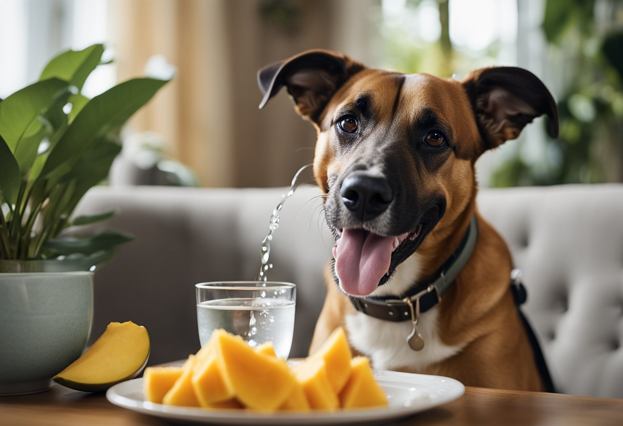 A dog with a happy expression, eating a slice of mango next to a bowl of fresh water