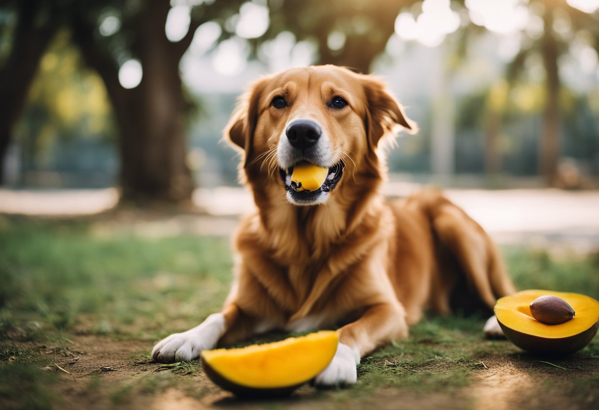 A dog happily munches on a ripe mango, with a few mango pits scattered on the ground nearby