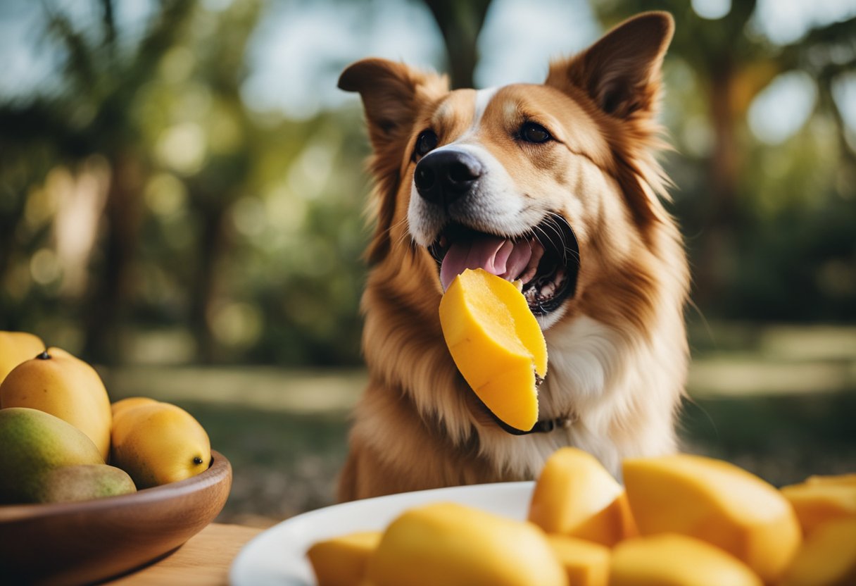 A happy dog eagerly eating a slice of ripe mango