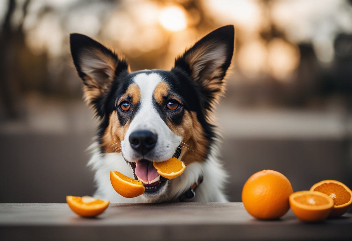 A dog happily munches on a juicy orange, with a few scattered orange peels nearby