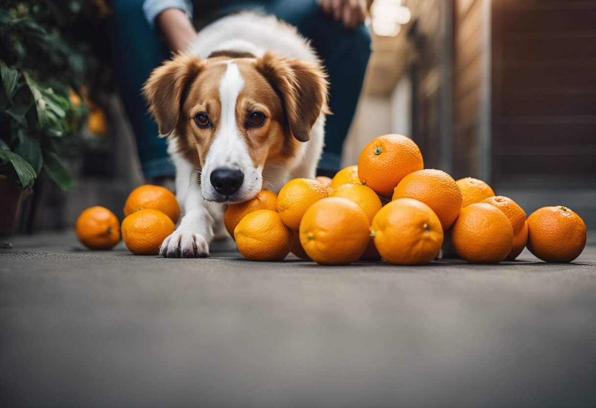 A dog eagerly sniffs a pile of oranges, while a concerned owner looks on in the background