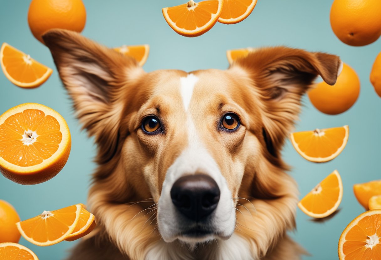 A happy dog with an orange in its mouth, surrounded by orange peels and a few whole oranges scattered nearby