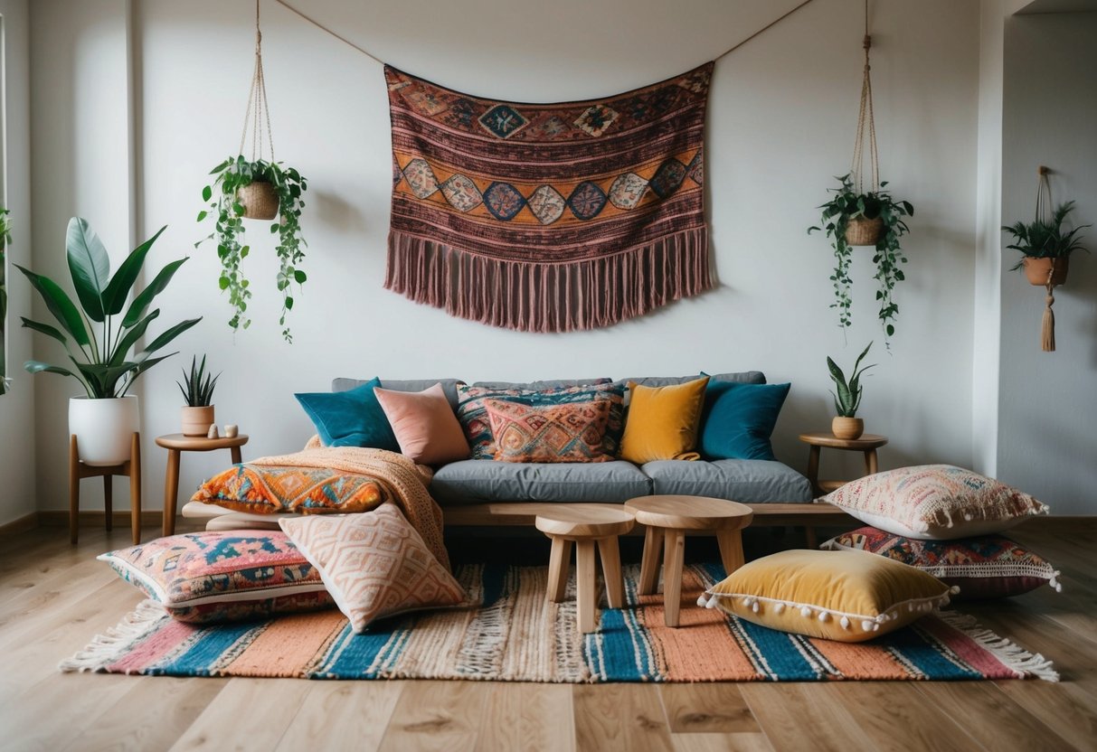 A cozy boho living room with layered rugs, colorful throw pillows, low wooden tables, hanging plants, and floor cushions