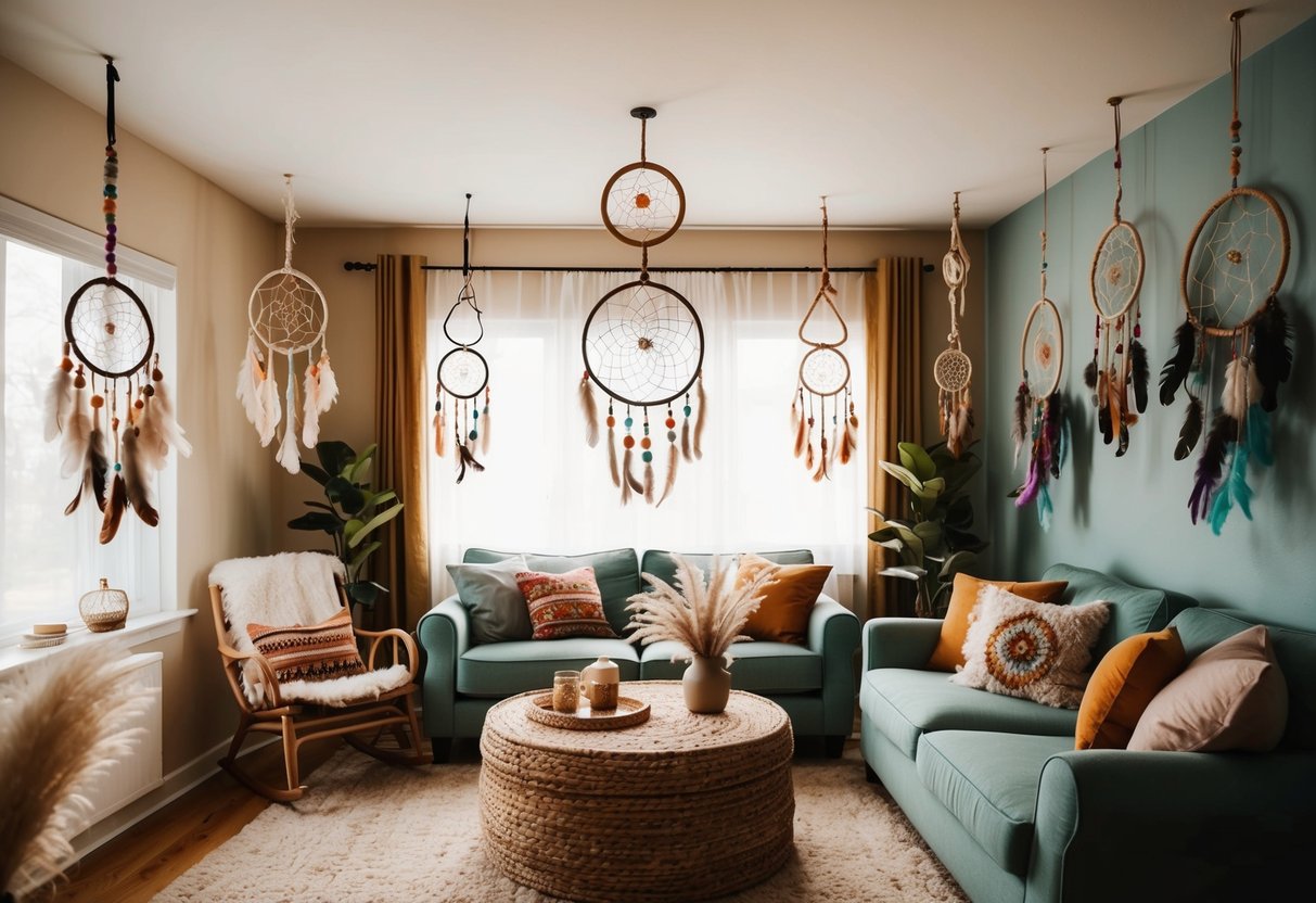 A cozy bohemian living room adorned with dreamcatchers in various sizes and colors, hanging from the ceiling and walls, creating a whimsical and tranquil atmosphere