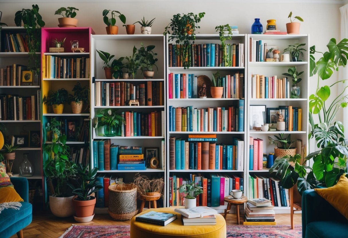 An array of colorful, mismatched bookshelves filled with books, plants, and various trinkets, creating a bohemian atmosphere in a cozy living room