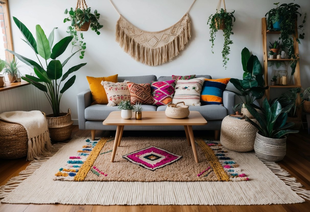 A cozy boho living room with natural fiber rugs, layered with colorful patterns and textures, surrounded by plants and eclectic decor