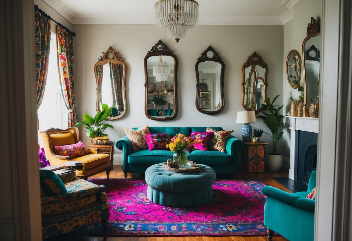 A bohemian living room with antique mirrors adorning the walls, reflecting the eclectic and vibrant decor