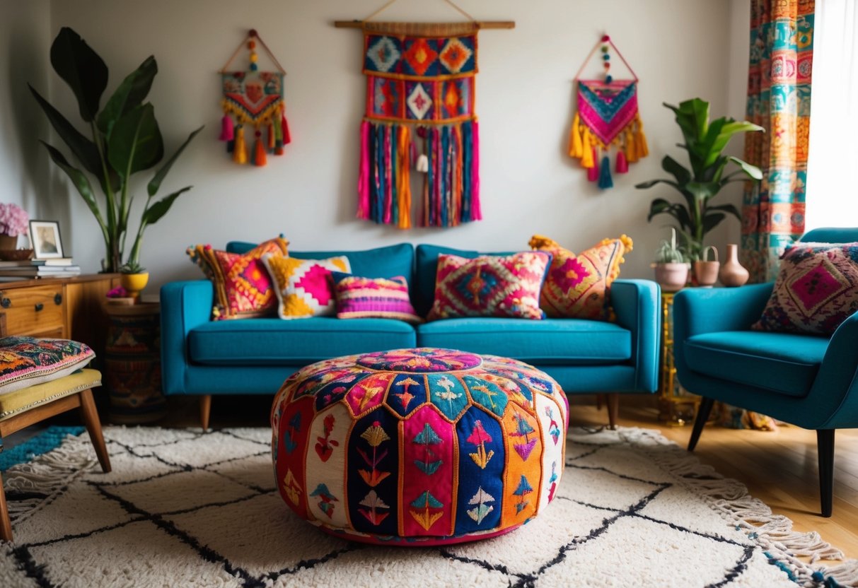 A cozy boho living room with a colorful embroidered pouf as the focal point, surrounded by eclectic furniture and vibrant decor