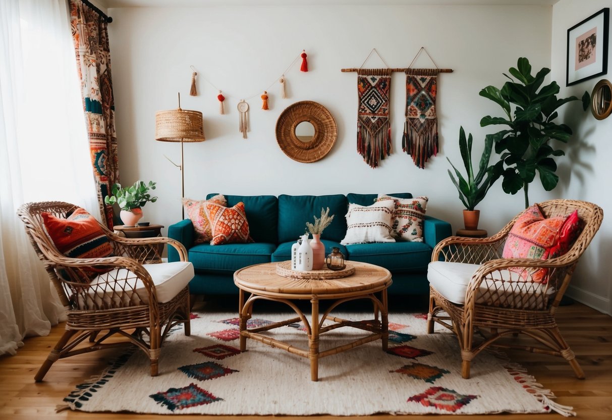 A cozy boho living room with wicker chairs and eclectic decor