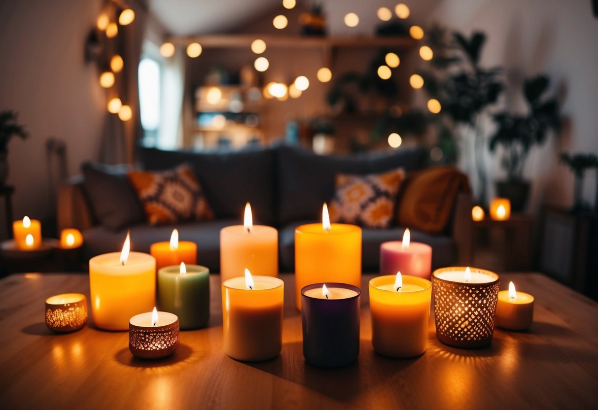 A cozy boho living room with handmade candles in various sizes and colors scattered around the room, casting a warm and inviting glow