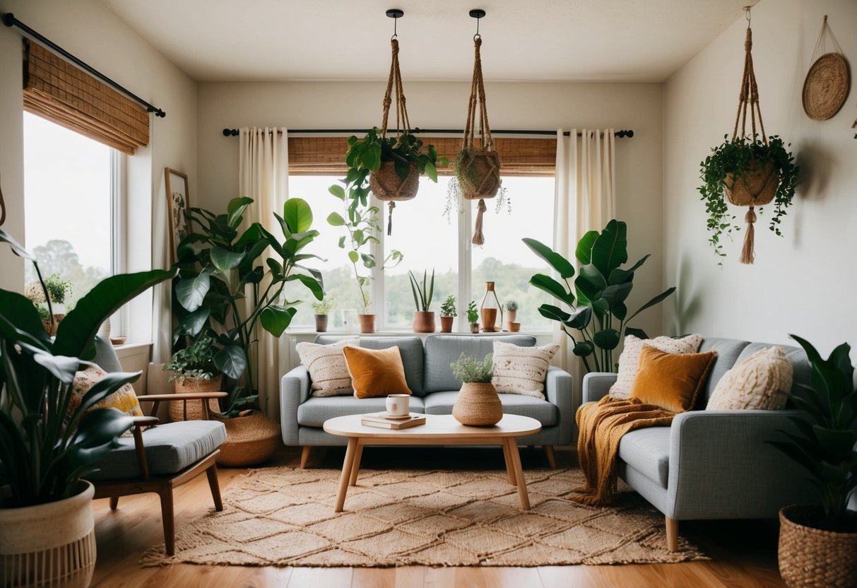 A cozy boho living room with jute plant hangers hanging from the ceiling, surrounded by greenery and earthy decor