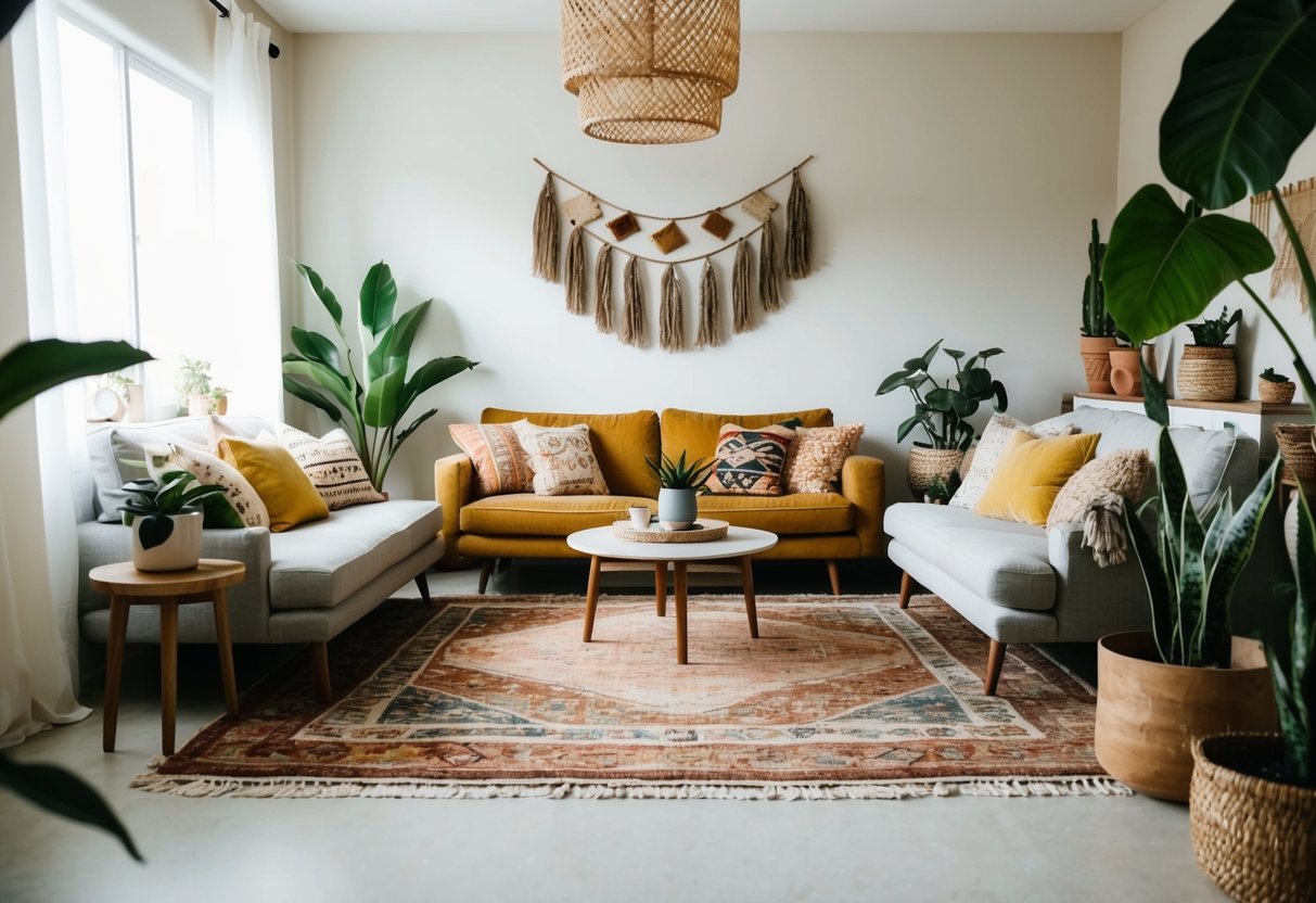 A cozy boho living room with low furniture, layered rugs, plants, and eclectic decor