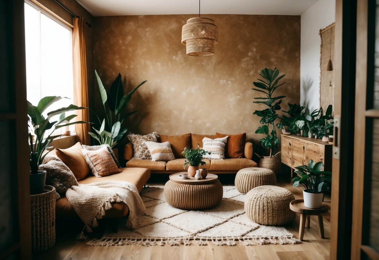 A bohemian living room with warm earthy tones, layered textiles, low seating, and plenty of plants creating a cozy and inviting atmosphere