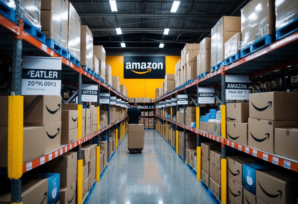 A bustling Amazon warehouse with products flying off the shelves, surrounded by bold advertising and promotional banners