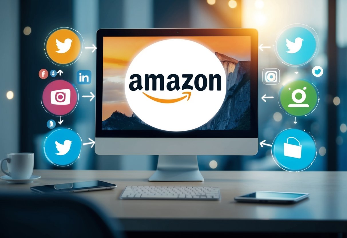 A computer screen with Amazon USA website open, surrounded by social media icons and a flowchart of external traffic sources