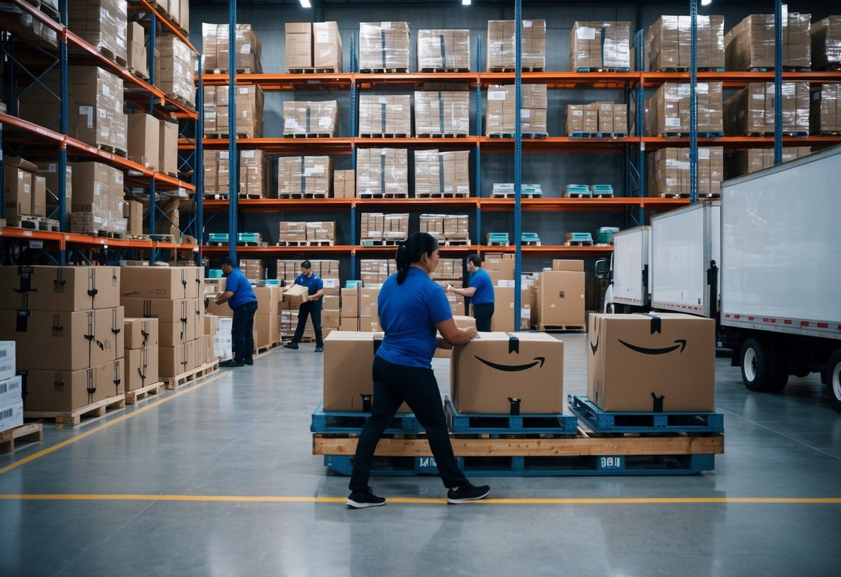 A bustling Amazon warehouse with shelves stocked with Q4 products, workers packaging orders, and delivery trucks lined up outside